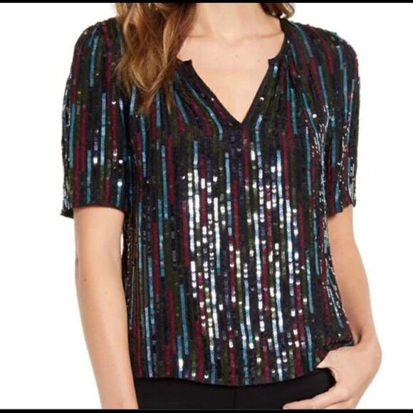 Velvet by Graham and Spencer Nikky Multicolor Sequin Short Sleeve Top small - Picture 2 of 7